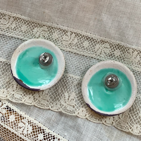 Vintage Gold Gilt Porcelain Round Pierced Earrings Woman’s Jewelry Aqua Blue-GRN - Picture 4 of 4